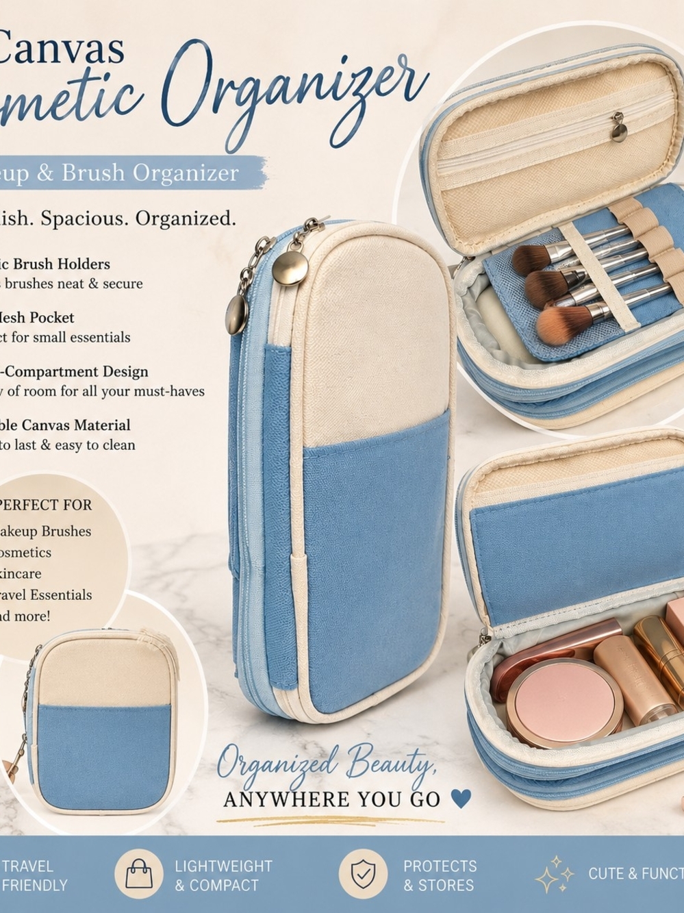 Organizer Makeup Brush | Pencil Case  NWT Blue Canvas | Multi-Compartment